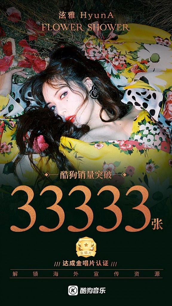 HyunA's New Single 'FLOWER SHOWER' Receives Gold Certification from KuGou